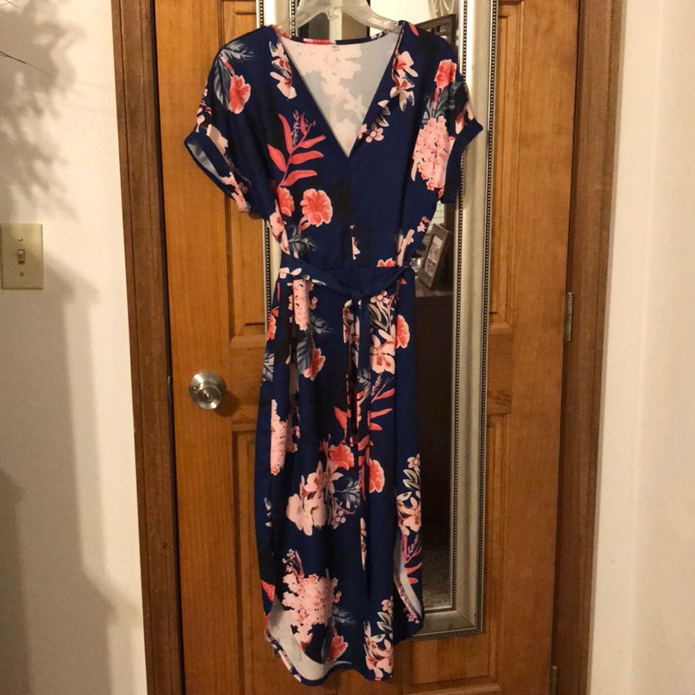 Blue with pink/peach flower tie dress. New